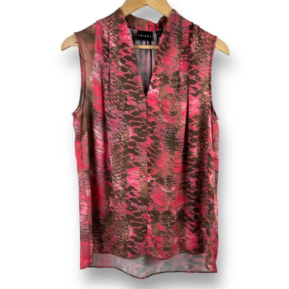 Tribal Womens Pink Brown Abstract‎ Animal Print Sleeveless V-Neck Blouse Size 8
